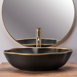 PEARL 52 BLACK Gold Trim Sit-on Washbasin